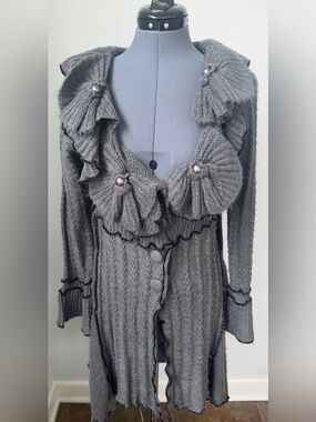 Hendi Y2k Sz S / M Long Wool Blend Gray Ruffled Knit Belted Cardigan Sweater